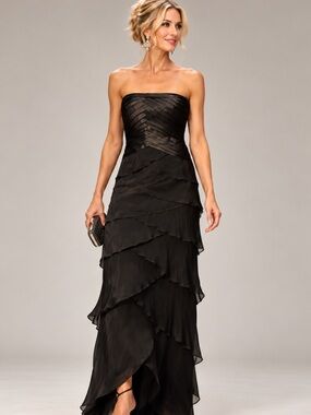 Tadashi Shoji Dress Black Strapless Silk Gown with layered design…